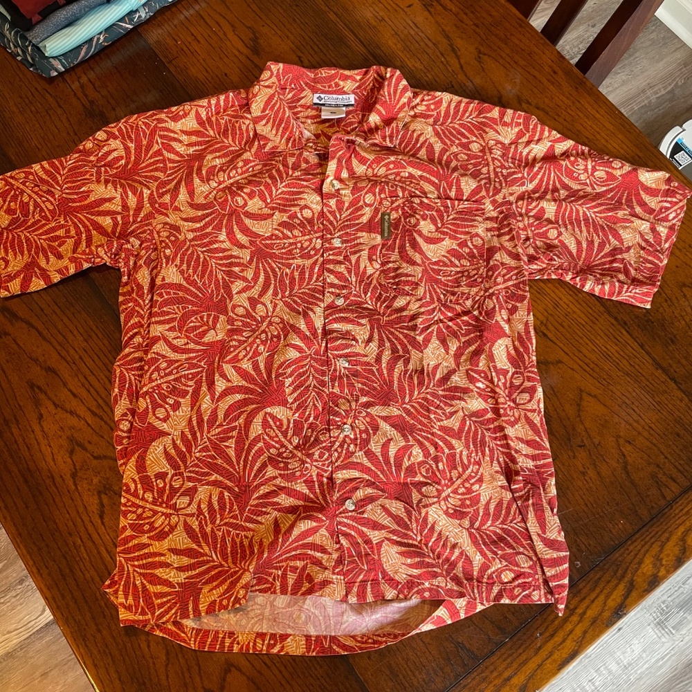 Columbia Orange/Red Palm Floral Print Short Sleeve Button Hawaiian Shirt LARGE L